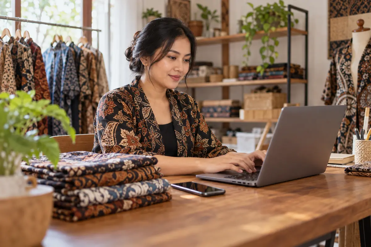 Pemilik toko batik mengetik di laptop di meja kerja, dengan kemeja batik terlipat di sampingnya