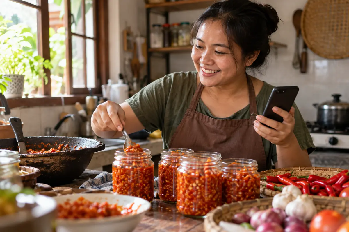 Penjual sambal rumahan memegang ponsel di dapur dengan toples sambal di meja